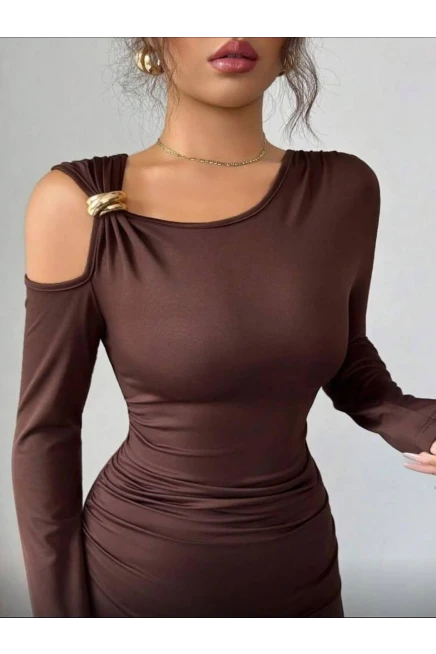 Modal Kumaş Metal Aksesuar Detay Drapeli Maxi Boy Elbise