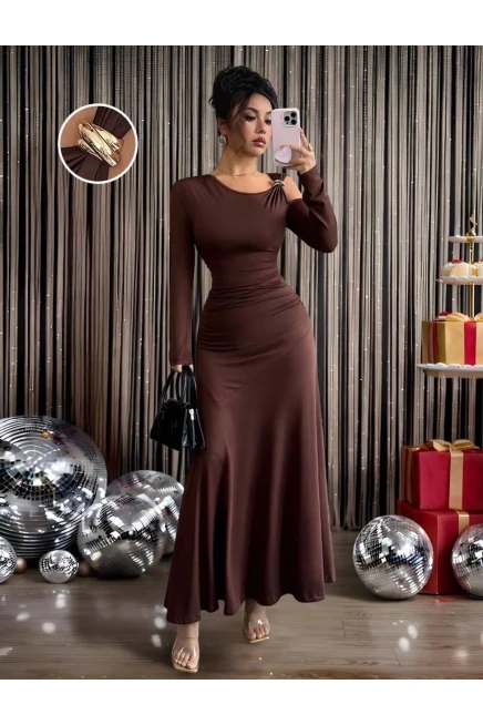 Modal Kumaş Metal Aksesuar Detay Drapeli Maxi Boy Elbise