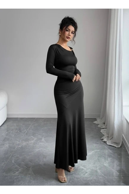 Modal Kumaş Metal Aksesuar Detay Drapeli Maxi Boy Elbise