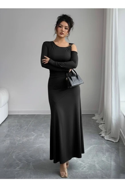 Modal Kumaş Metal Aksesuar Detay Drapeli Maxi Boy Elbise