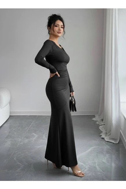 Modal Kumaş Metal Aksesuar Detay Drapeli Maxi Boy Elbise