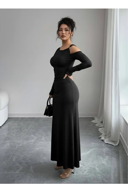 Modal Kumaş Metal Aksesuar Detay Drapeli Maxi Boy Elbise