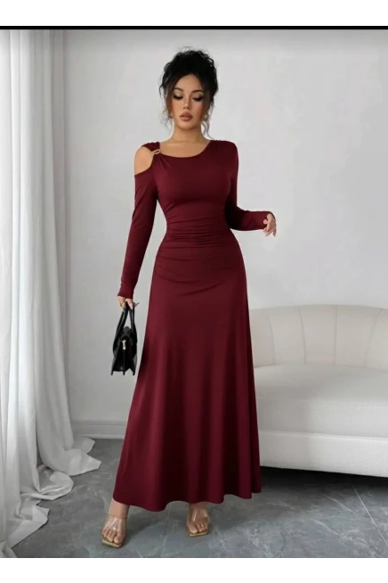 Modal Kumaş Metal Aksesuar Detay Drapeli Maxi Boy Elbise