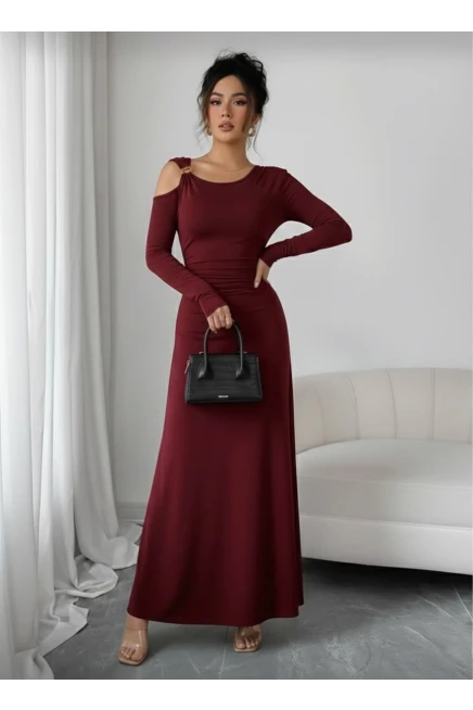 Modal Kumaş Metal Aksesuar Detay Drapeli Maxi Boy Elbise