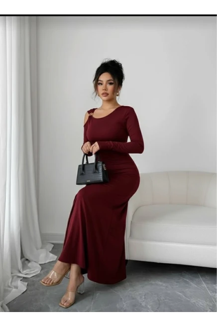 Modal Kumaş Metal Aksesuar Detay Drapeli Maxi Boy Elbise