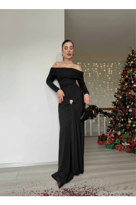 Modal Kumaş Metal Aksesuar Detaylı Maxi Boy Elbise