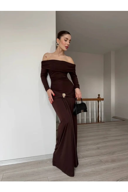 Modal Kumaş Metal Aksesuar Detaylı Maxi Boy Elbise