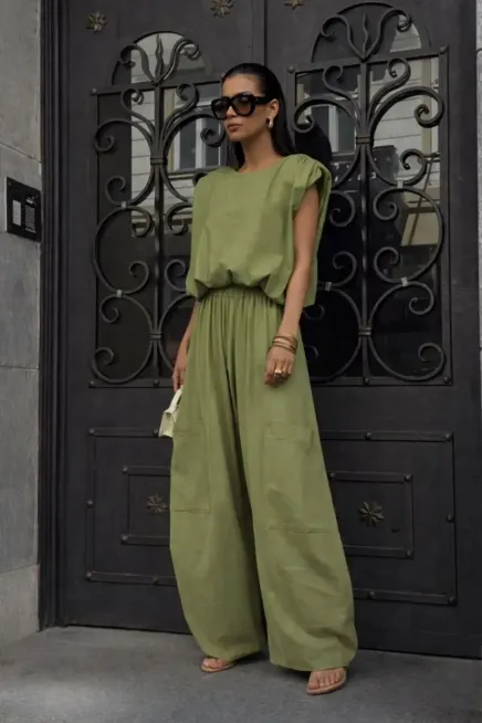 Modal Kumaş Sırt Dekolte Detay Alt Üst Tasarım Takım Haki