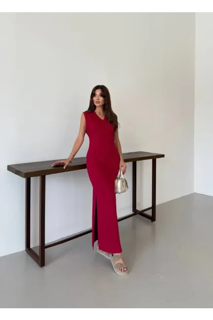 Modal Kumaş V Yaka Yırtmaçlı Elbise Bordo