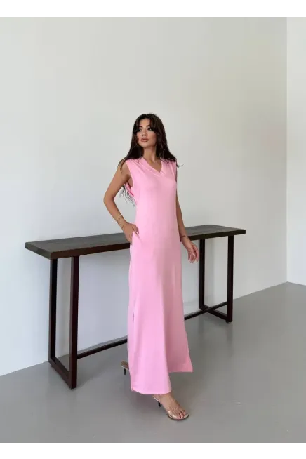 Modal Kumaş V Yaka Yırtmaçlı Elbise Pembe