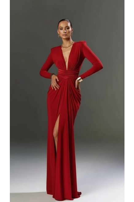 Omuz Vatkalı Drapeli Maxi Boy Elbise