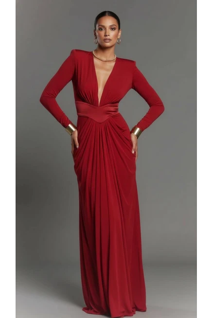 Omuz Vatkalı Drapeli Maxi Boy Elbise