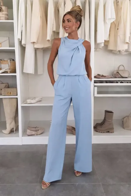 Önü Detaylı Bluz ve Pantalon Alt Üst Takım Mavi