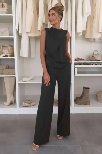 Önü Detaylı Bluz ve Pantalon Alt Üst Takım Siyah