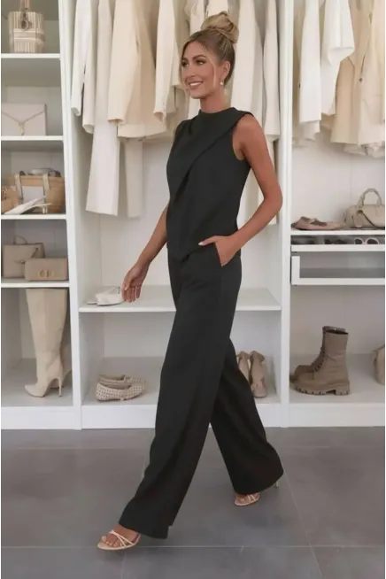 Önü Detaylı Bluz ve Pantalon Alt Üst Takım Siyah