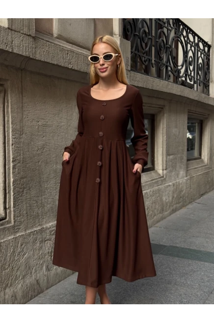 Ottoman Kumaş Düğme Detay Elbise Kahverengi