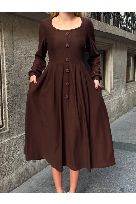 Ottoman Kumaş Düğme Detay Elbise Kahverengi