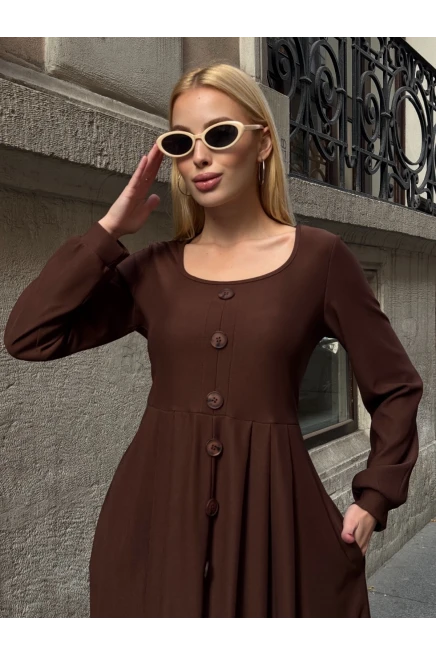 Ottoman Kumaş Düğme Detay Elbise Kahverengi