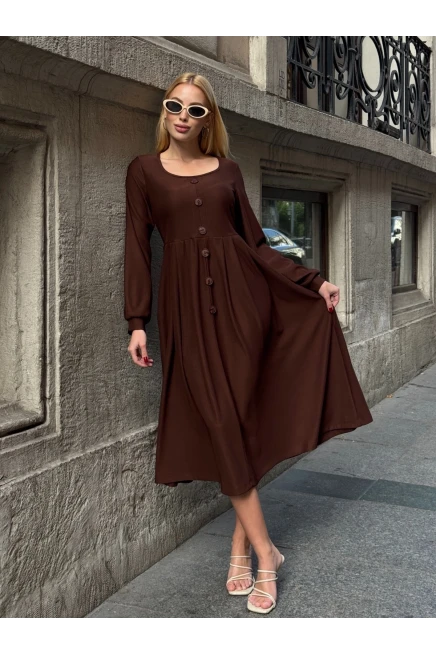 Ottoman Kumaş Düğme Detay Elbise Kahverengi