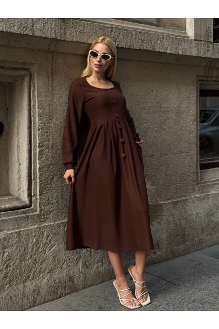 Ottoman Kumaş Düğme Detay Elbise Kahverengi