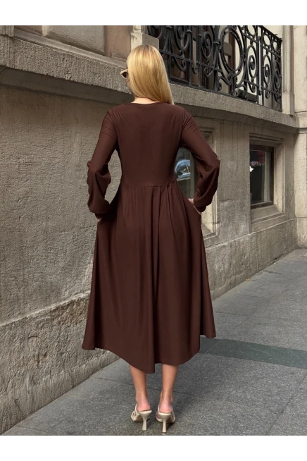 Ottoman Kumaş Düğme Detay Elbise Kahverengi