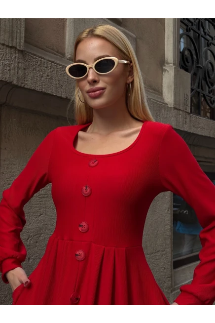 Ottoman Kumaş Düğme Detay Elbise Kırmızı