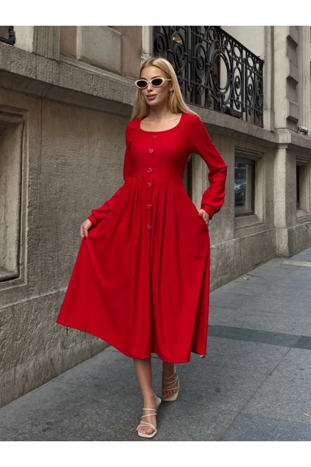 Ottoman Kumaş Düğme Detay Elbise Kırmızı