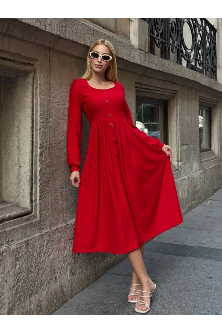 Ottoman Kumaş Düğme Detay Elbise Kırmızı