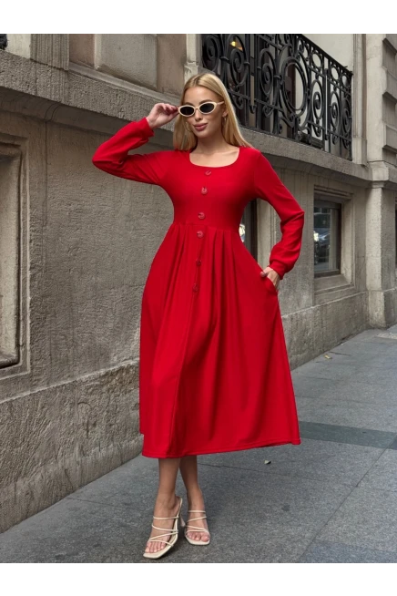 Ottoman Kumaş Düğme Detay Elbise Kırmızı