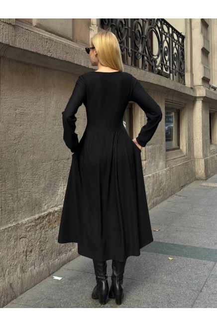 Ottoman Kumaş Düğme Detay Elbise Siyah