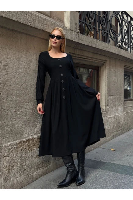 Ottoman Kumaş Düğme Detay Elbise Siyah