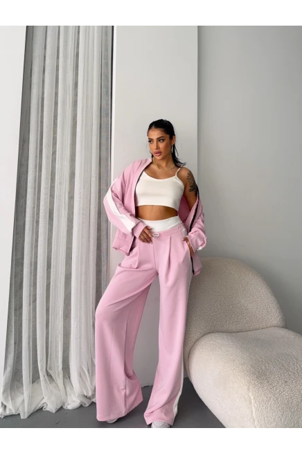 Oysh Kumaş Bel Lastikli Alt Üst Crop Üçlü Takım Pudra