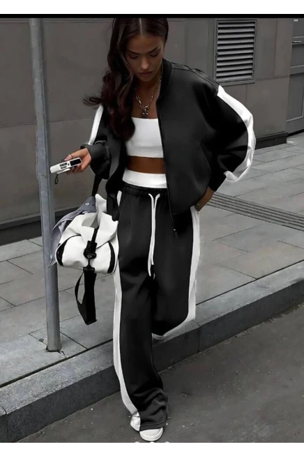 Oysh Kumaş Bel Lastikli Alt Üst Crop Üçlü Takım Siyah