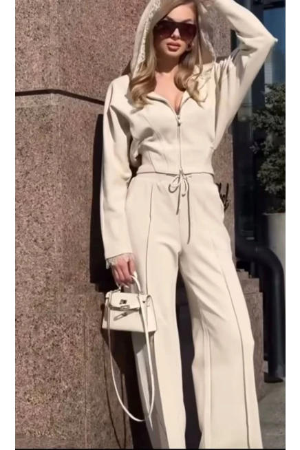 Oysho Kapşonlu Dantel Güpürlü Takım Bej