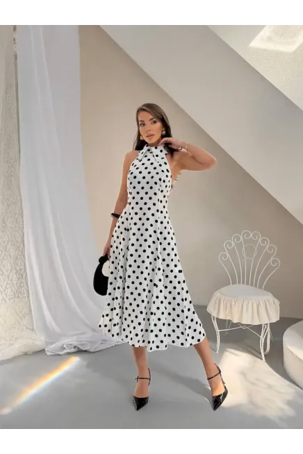 Puantiye Desen Sırt Detay Midi Boy Elbise Beyaz