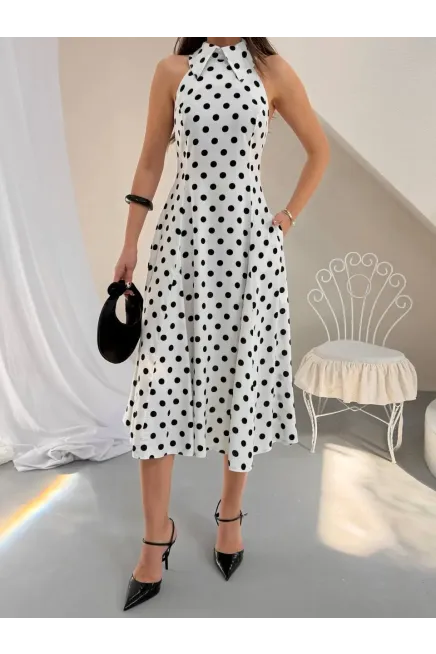 Puantiye Desen Sırt Detay Midi Boy Elbise Beyaz