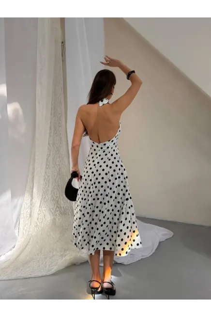 Puantiye Desen Sırt Detay Midi Boy Elbise Beyaz