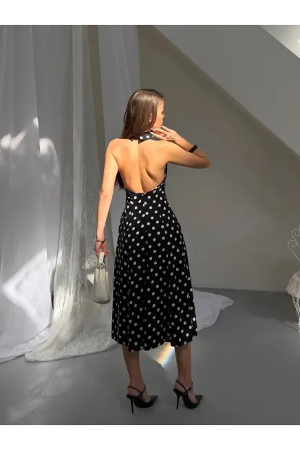 Puantiye Desen Sırt Detay Midi Boy Elbise Siyah