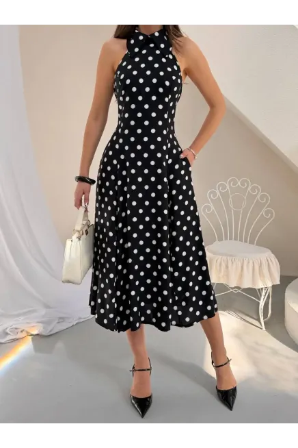 Puantiye Desen Sırt Detay Midi Boy Elbise Siyah