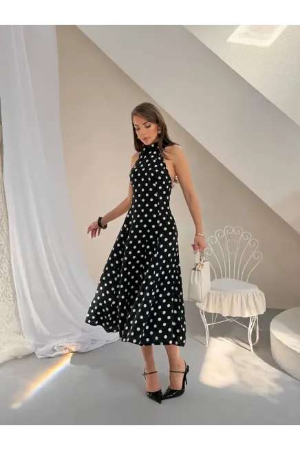 Puantiye Desen Sırt Detay Midi Boy Elbise Siyah