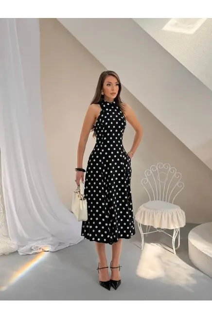 Puantiye Desen Sırt Detay Midi Boy Elbise Siyah