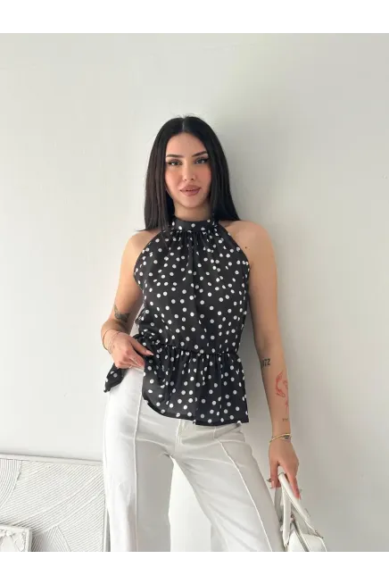 Puantiyeli Halter Yaka Bluz – Bel Lastikli Şık Bluz Siyah