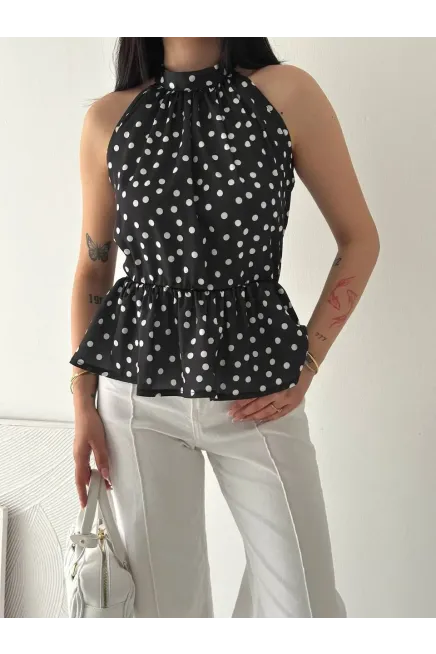 Puantiyeli Halter Yaka Bluz – Bel Lastikli Şık Bluz Siyah