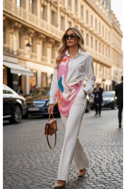 Şal Detaylı Asimetrik Kesim Gömlek