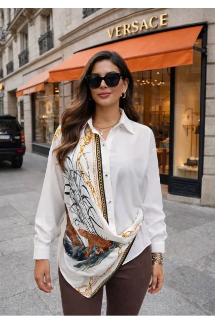 Şal Detaylı Asimetrik Kesim Gömlek