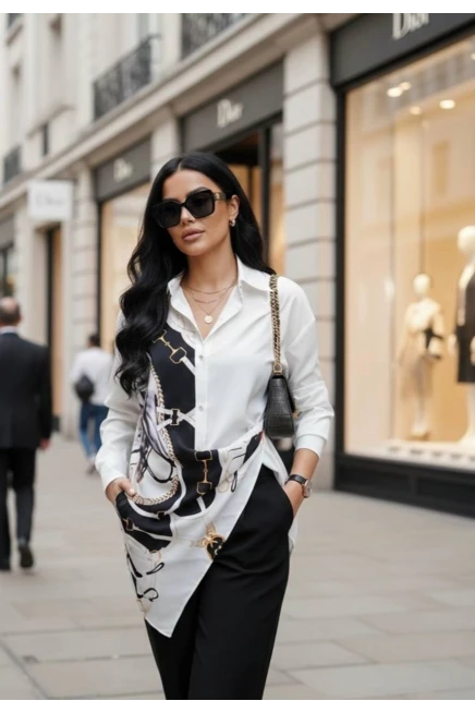 Şal Detaylı Asimetrik Kesim Gömlek