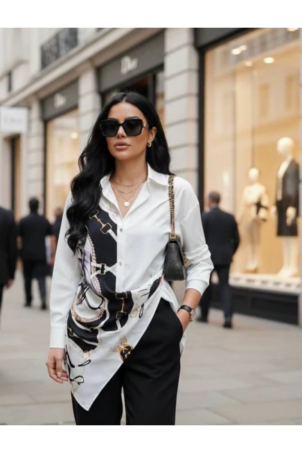 Şal Detaylı Asimetrik Kesim Gömlek