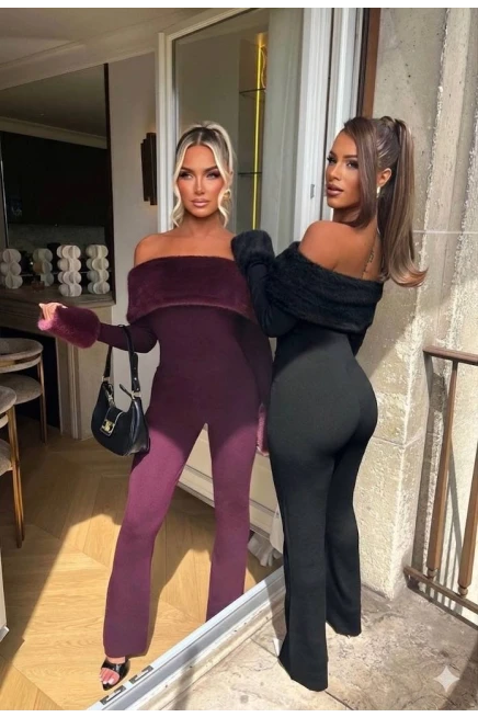 Selanik Kumaş Kürk Detay Maxi Boy Tulum Bordo