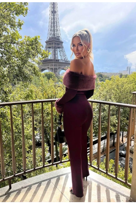 Selanik Kumaş Kürk Detay Maxi Boy Tulum Bordo