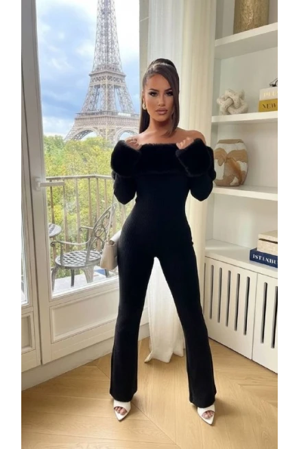 Selanik Kumaş Kürk Detay Maxi Boy Tulum Siyah